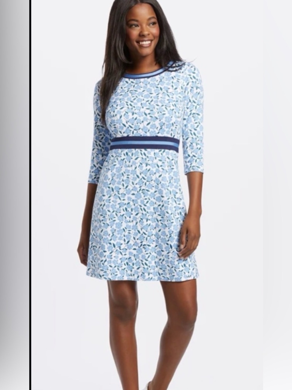 🩵 DRAPER JAMEA Blue Floral A-Line Dress with Contrasting Waistband